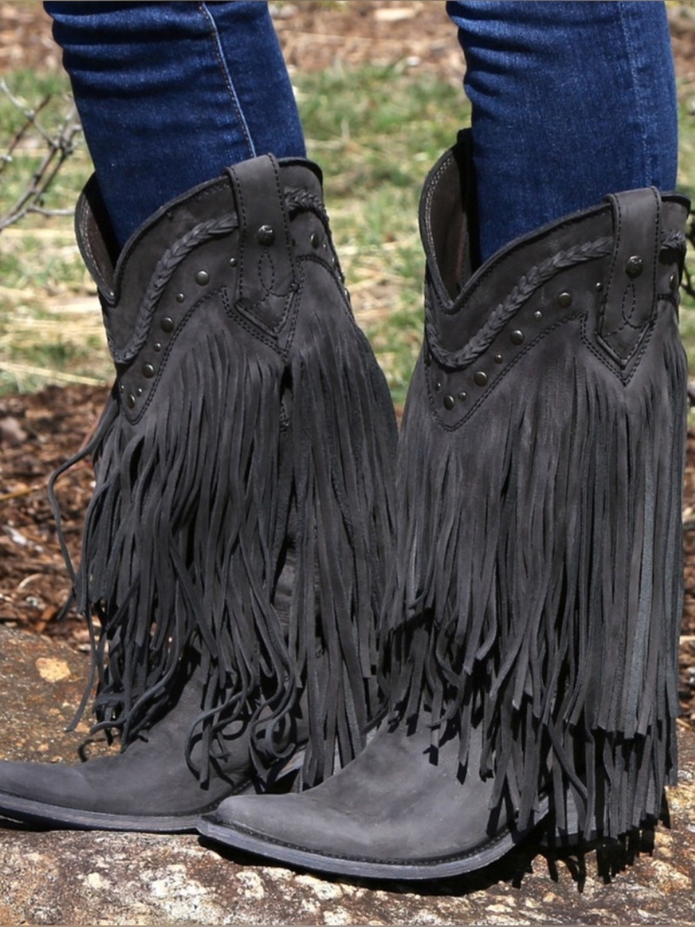 LIBERTY Black Black Fringe Leather Ankle Boots Size 7